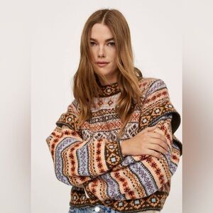 Touche Prive Colorful Fair Isle Drop Shoulder Ruffle Wool Blend Sweater Small
